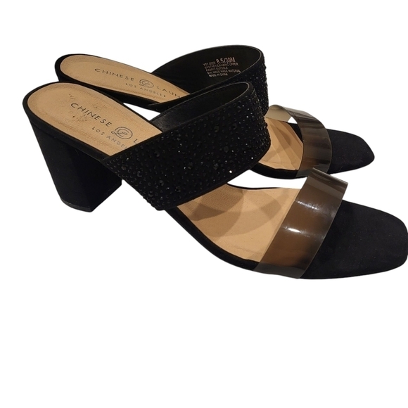 Chinese Laundry Shoes - Chinese Laundry womens black bejeweled slip on block heel sandals size 8.5